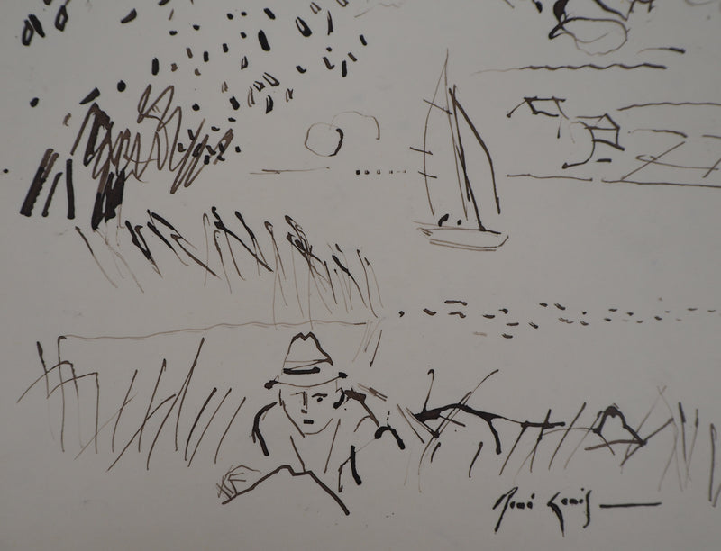 René GENIS : La voile sur le lac, Dessin original signé