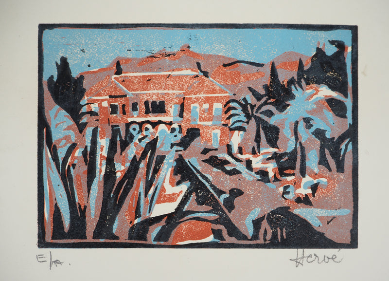 Jeannine HERVE : Maison en Provence , Gravure sur bois originale (vue générale) - Crédit photo : Galerie Art.Paris