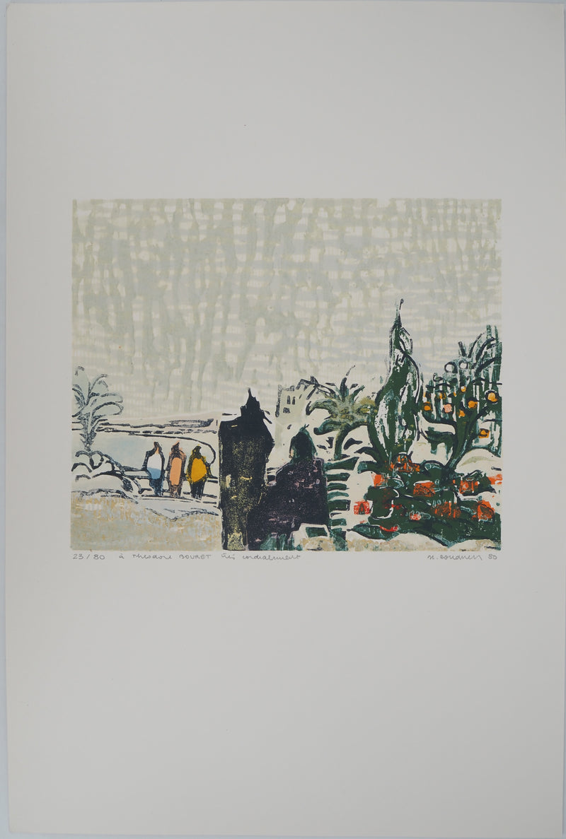 Georges ROUDNEFF : Jardin niçois et vue sur la Promenade des Anglais, Gravure sur bois originale (photo de détail 3) - Crédit photo : Galerie Art.Paris