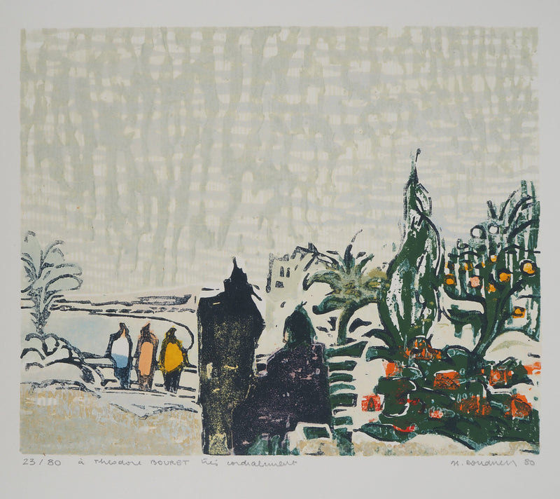 Georges ROUDNEFF : Jardin niçois et vue sur la Promenade des Anglais, Gravure sur bois originale (vue générale) - Crédit photo : Galerie Art.Paris