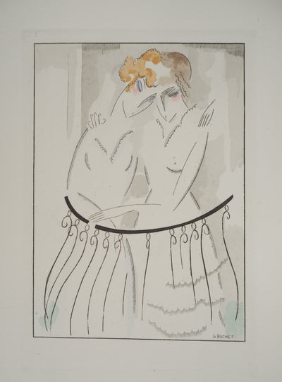 Gustave BUCHET : Les jeunes filles au balcon, Gravure originale (vue générale) - Crédit photo : Galerie Art.Paris