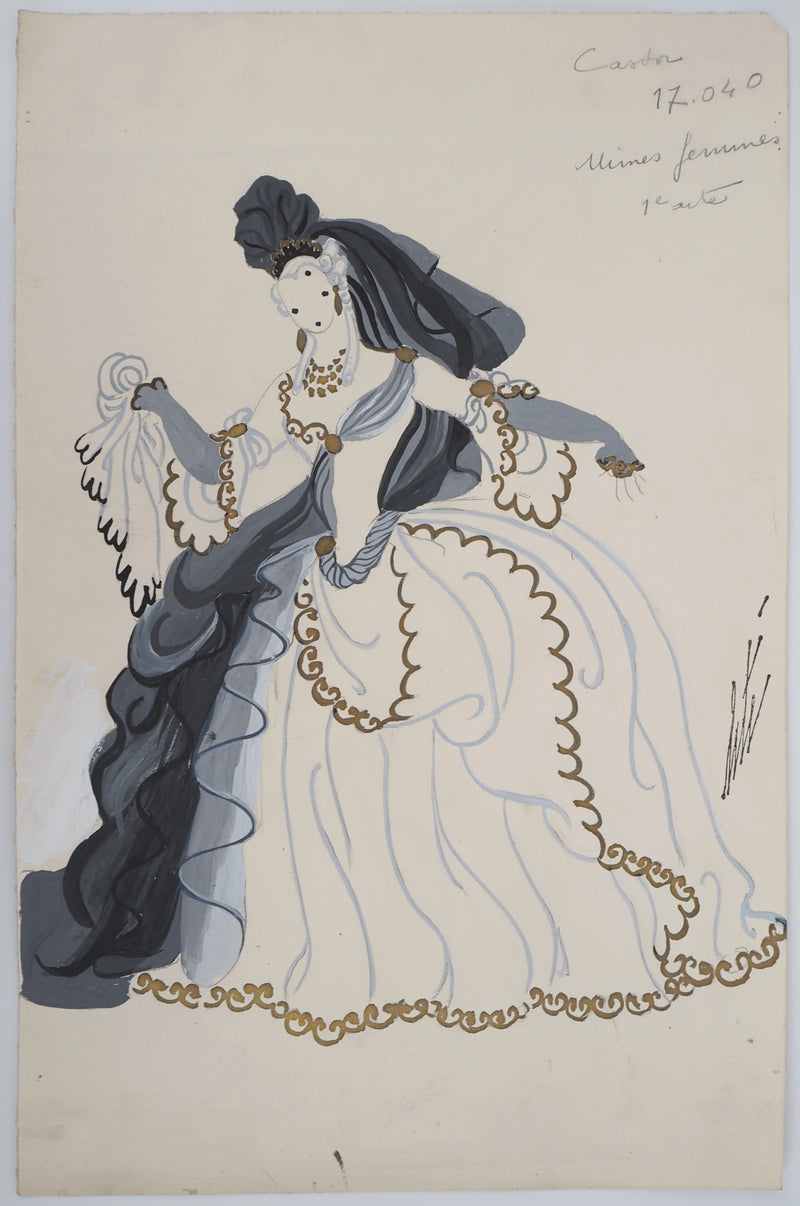 ERTE : Femme à la traine grise, Gouache originale signée
