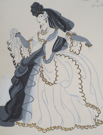 ERTE : Femme à la traine grise, Gouache originale signée