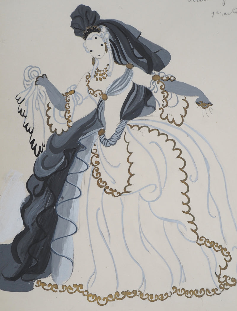 ERTE : Femme à la traine grise, Gouache originale signée
