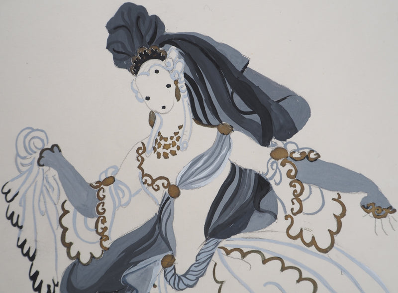 ERTE : Femme à la traine grise, Gouache originale signée