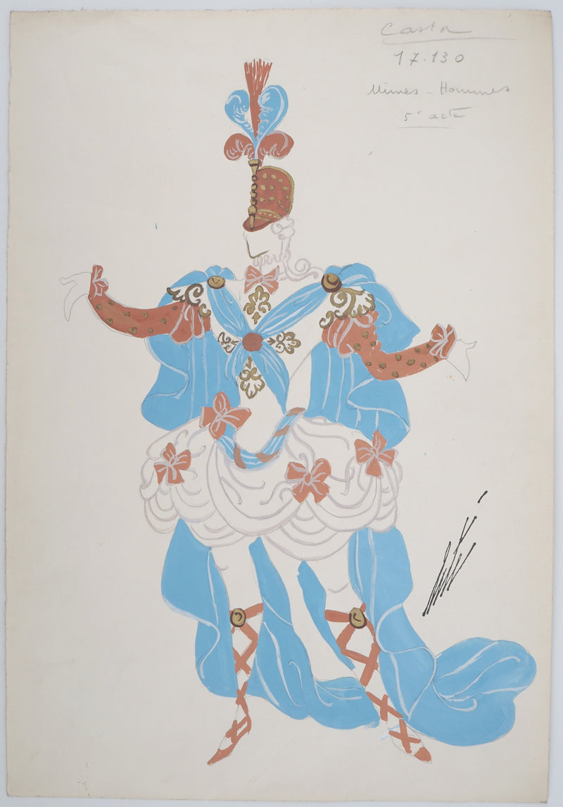 ERTE : Officier avec une cape bleue, Gouache originale signée