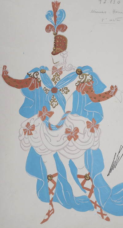 ERTE : Officier avec une cape bleue, Gouache originale signée