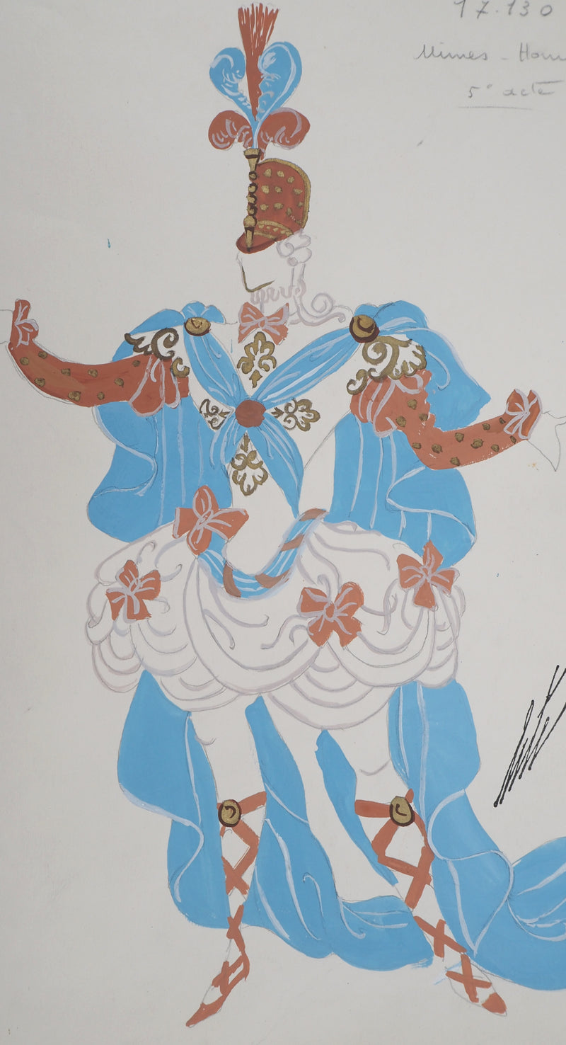 ERTE : Officier avec une cape bleue, Gouache originale signée