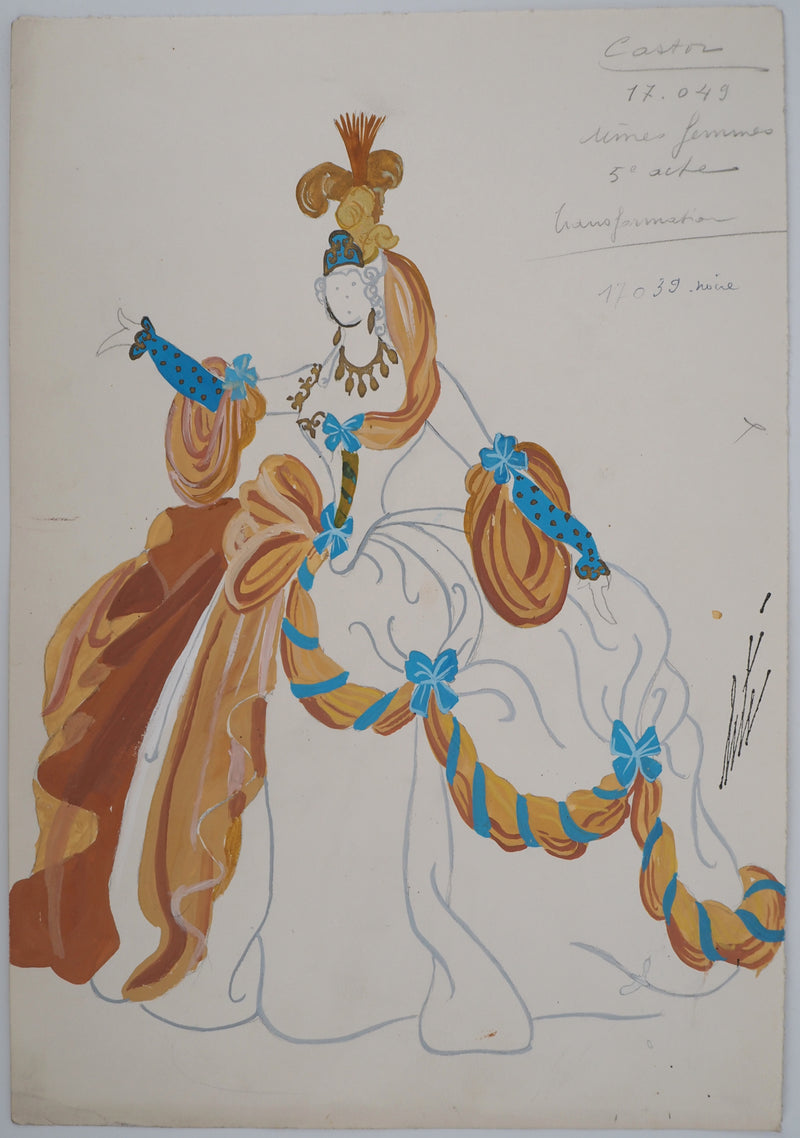 ERTE : Grande robe de bal orange, Gouache originale signée