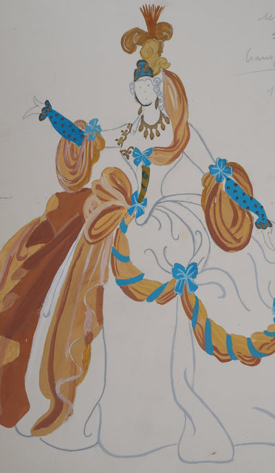 ERTE : Grande robe de bal orange, Gouache originale signée