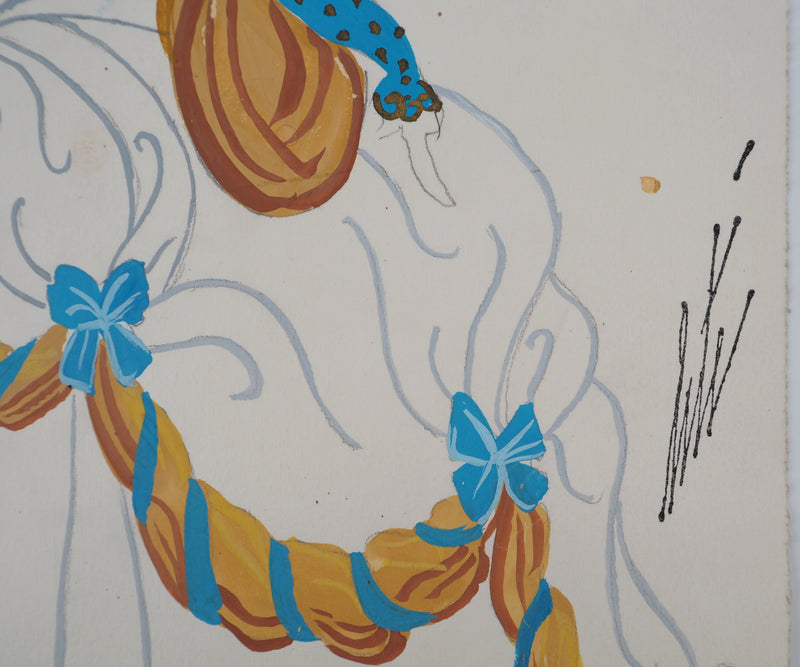 ERTE : Grande robe de bal orange, Gouache originale signée