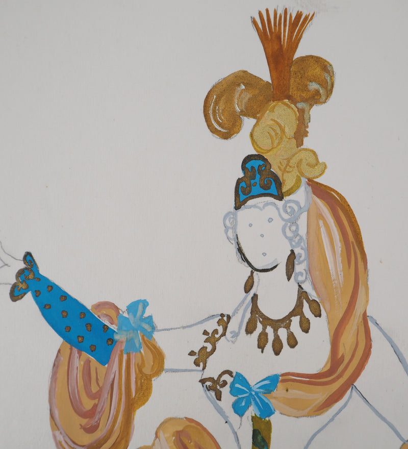 ERTE : Grande robe de bal orange, Gouache originale signée