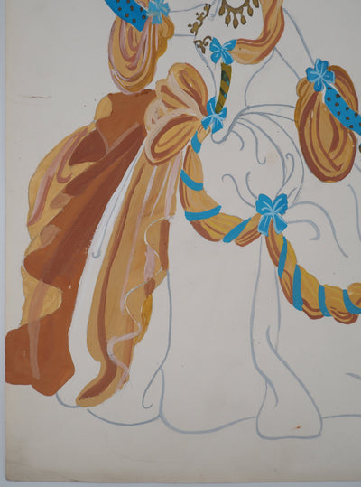 ERTE : Grande robe de bal orange, Gouache originale signée