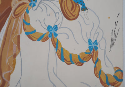 ERTE : Grande robe de bal orange, Gouache originale signée