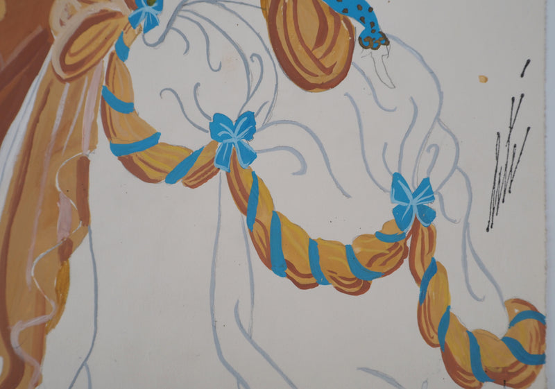 ERTE : Grande robe de bal orange, Gouache originale signée
