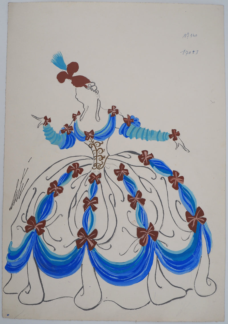 ERTE : Robe de bal avec des noeuds rouges, Gouache originale signée