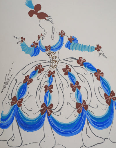 ERTE : Robe de bal avec des noeuds rouges, Gouache originale signée