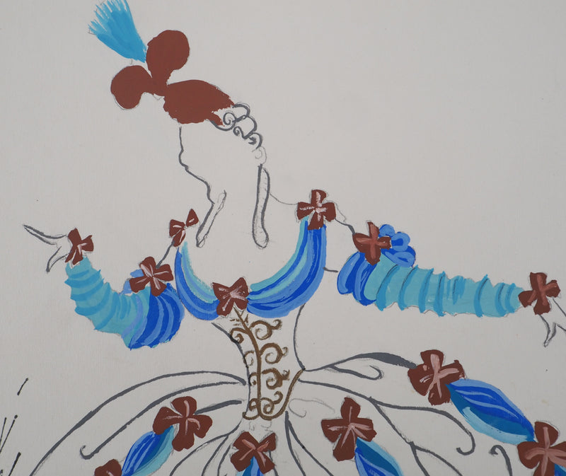 ERTE : Robe de bal avec des noeuds rouges, Gouache originale signée