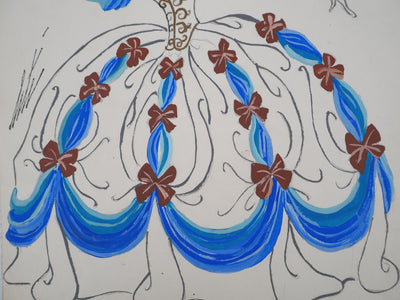 ERTE : Robe de bal avec des noeuds rouges, Gouache originale signée