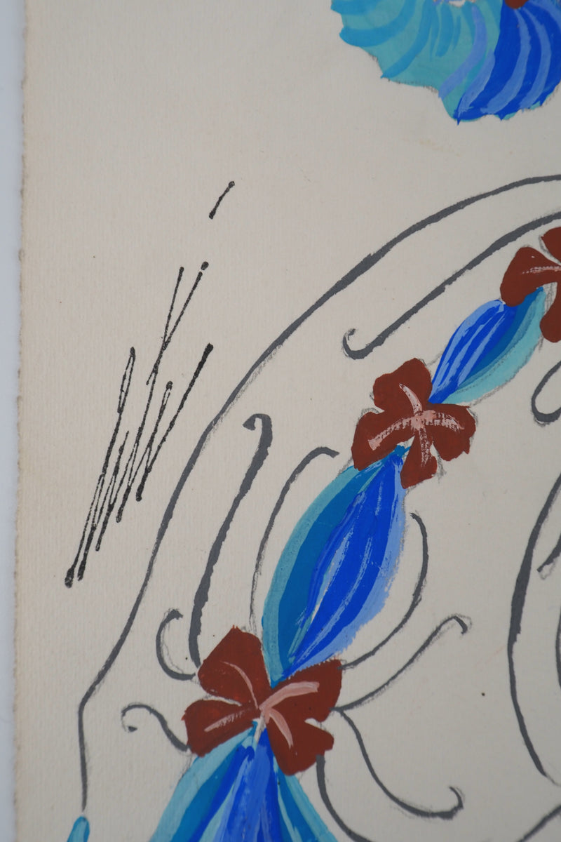 ERTE : Robe de bal avec des noeuds rouges, Gouache originale signée