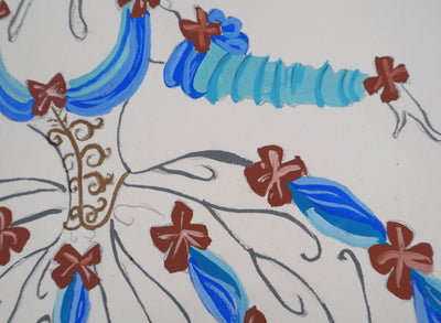 ERTE : Robe de bal avec des noeuds rouges, Gouache originale signée