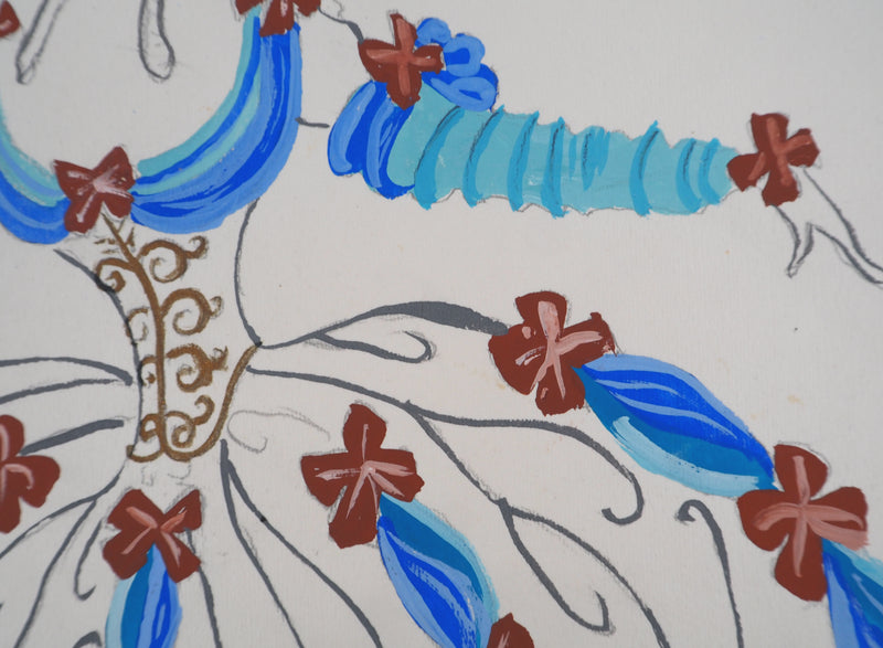 ERTE : Robe de bal avec des noeuds rouges, Gouache originale signée
