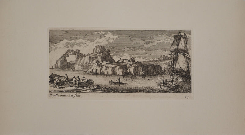Famille PERELLE : Paysage avec un voilier et des pêcheurs, Gravure originale (photo de détail 3) - Crédit photo : Galerie Art.Paris