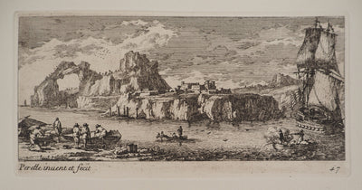 Famille PERELLE : Paysage avec un voilier et des pêcheurs, Gravure originale (vue générale) - Crédit photo : Galerie Art.Paris