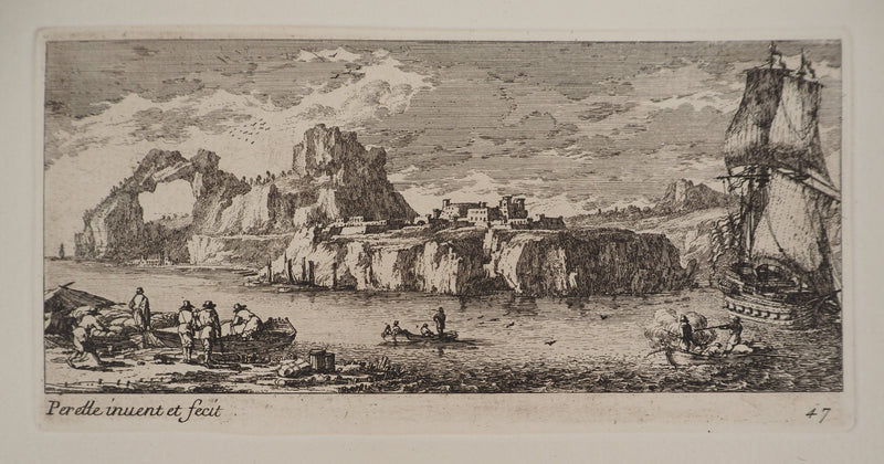 Famille PERELLE : Paysage avec un voilier et des pêcheurs, Gravure originale (vue générale) - Crédit photo : Galerie Art.Paris