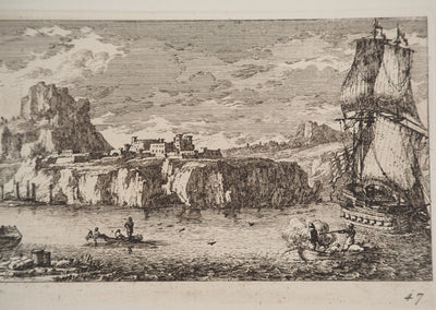 Famille PERELLE : Paysage avec un voilier et des pêcheurs, Gravure originale (photo de détail 5) - Crédit photo : Galerie Art.Paris