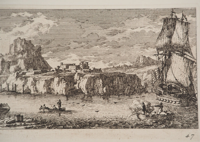 Famille PERELLE : Paysage avec un voilier et des pêcheurs, Gravure originale (photo de détail 5) - Crédit photo : Galerie Art.Paris