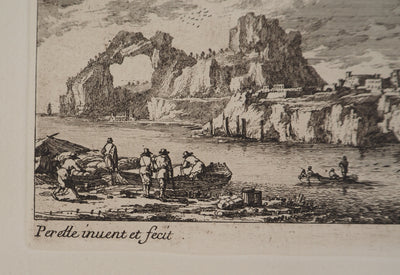 Famille PERELLE : Paysage avec un voilier et des pêcheurs, Gravure originale (photo de détail 2) - Crédit photo : Galerie Art.Paris