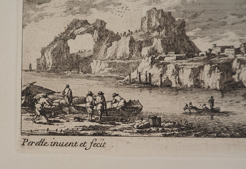 Famille PERELLE : Paysage avec un voilier et des pêcheurs, Gravure originale (photo de détail 2) - Crédit photo : Galerie Art.Paris