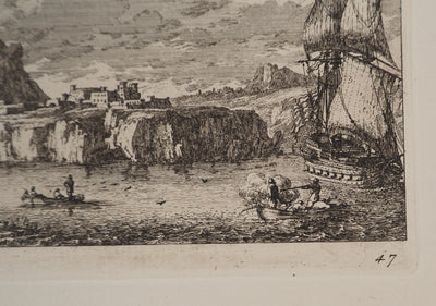 Famille PERELLE : Paysage avec un voilier et des pêcheurs, Gravure originale (photo de détail 7) - Crédit photo : Galerie Art.Paris