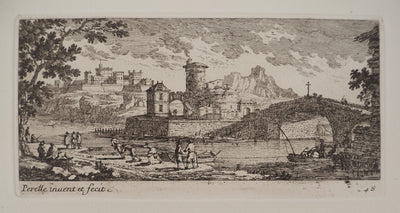 Famille PERELLE : Paysage avec un pont et des pêcheurs, Gravure originale (vue générale) - Crédit photo : Galerie Art.Paris