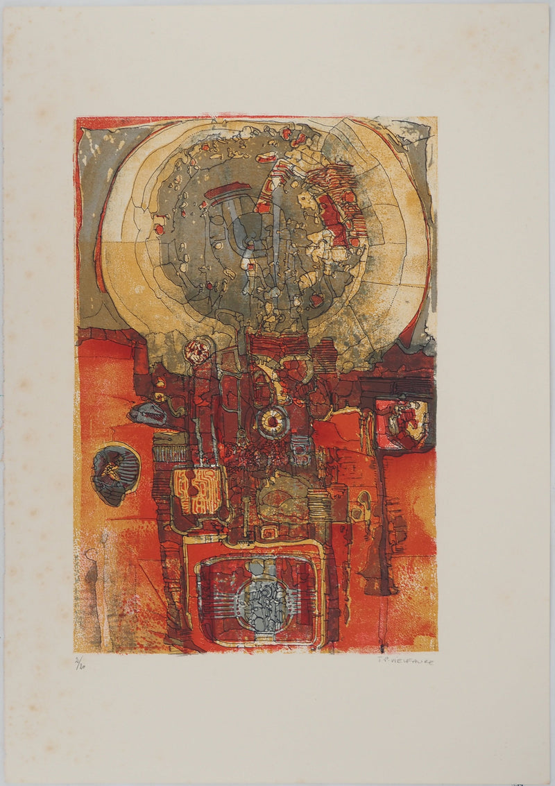 Jean-Pierre VIELFAURE : Rouages incandescents, Lithographie originale (vue générale) - Crédit photo : Galerie Art.Paris