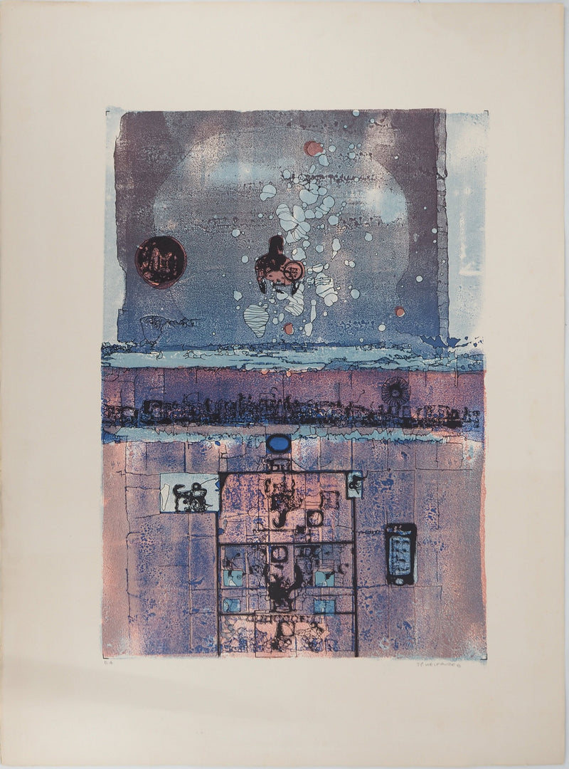 Jean-Pierre VIELFAURE : Composition bleue et rose, Lithographie originale (vue générale) - Crédit photo : Galerie Art.Paris