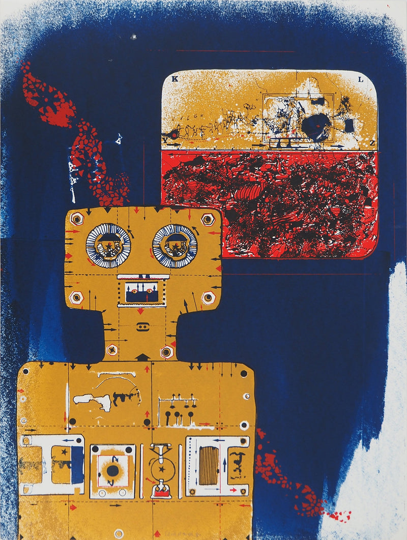 Jean-Pierre VIELFAURE : Robot sur fond bleu, Lithographie originale (vue générale) - Crédit photo : Galerie Art.Paris