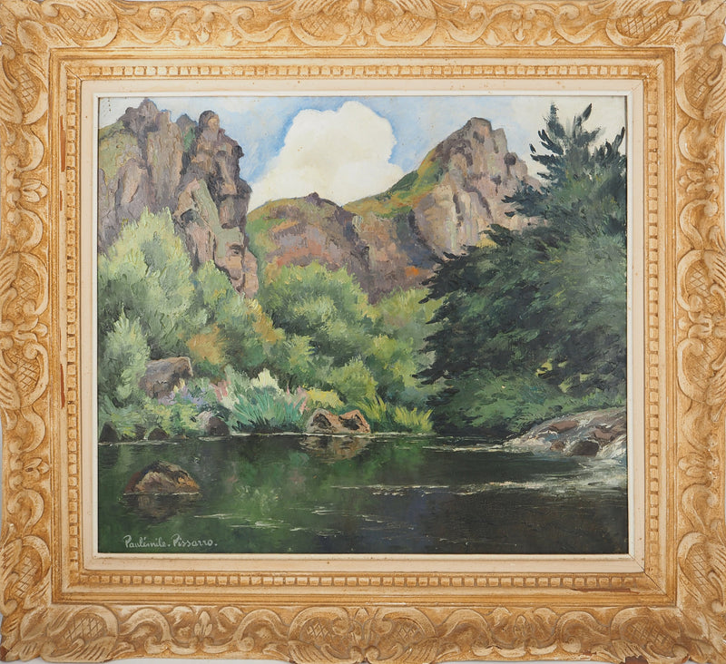 Paul-Emile PISSARRO : Normandie, Paysage de montagne avec une rivière, Huile sur toile signée