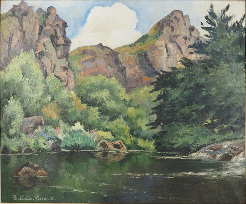 Paul-Emile PISSARRO : Normandie, Paysage de montagne avec une rivière, Huile sur toile signée