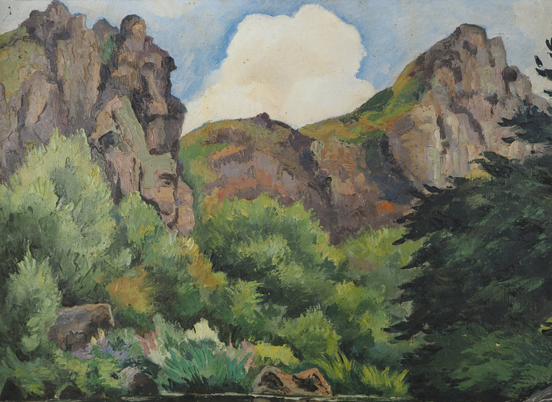 Paul-Emile PISSARRO : Normandie, Paysage de montagne avec une rivière, Huile sur toile signée