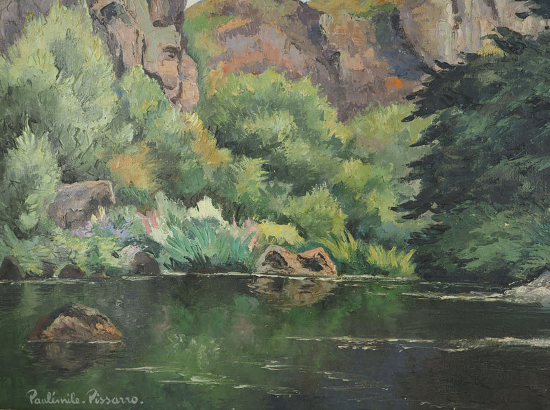 Paul-Emile PISSARRO : Normandie, Paysage de montagne avec une rivière, Huile sur toile signée