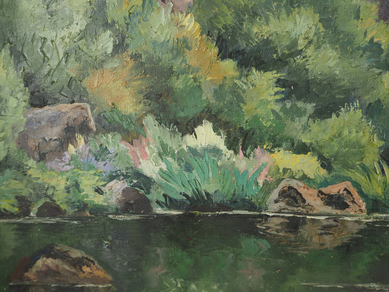 Paul-Emile PISSARRO : Normandie, Paysage de montagne avec une rivière, Huile sur toile signée