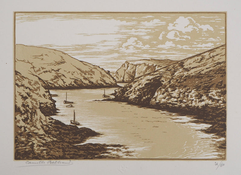 Camille BELTRAND : Belle-Isle, Port du Vieux Château, Gravure sur bois originale (vue générale) - Crédit photo : Galerie Art.Paris