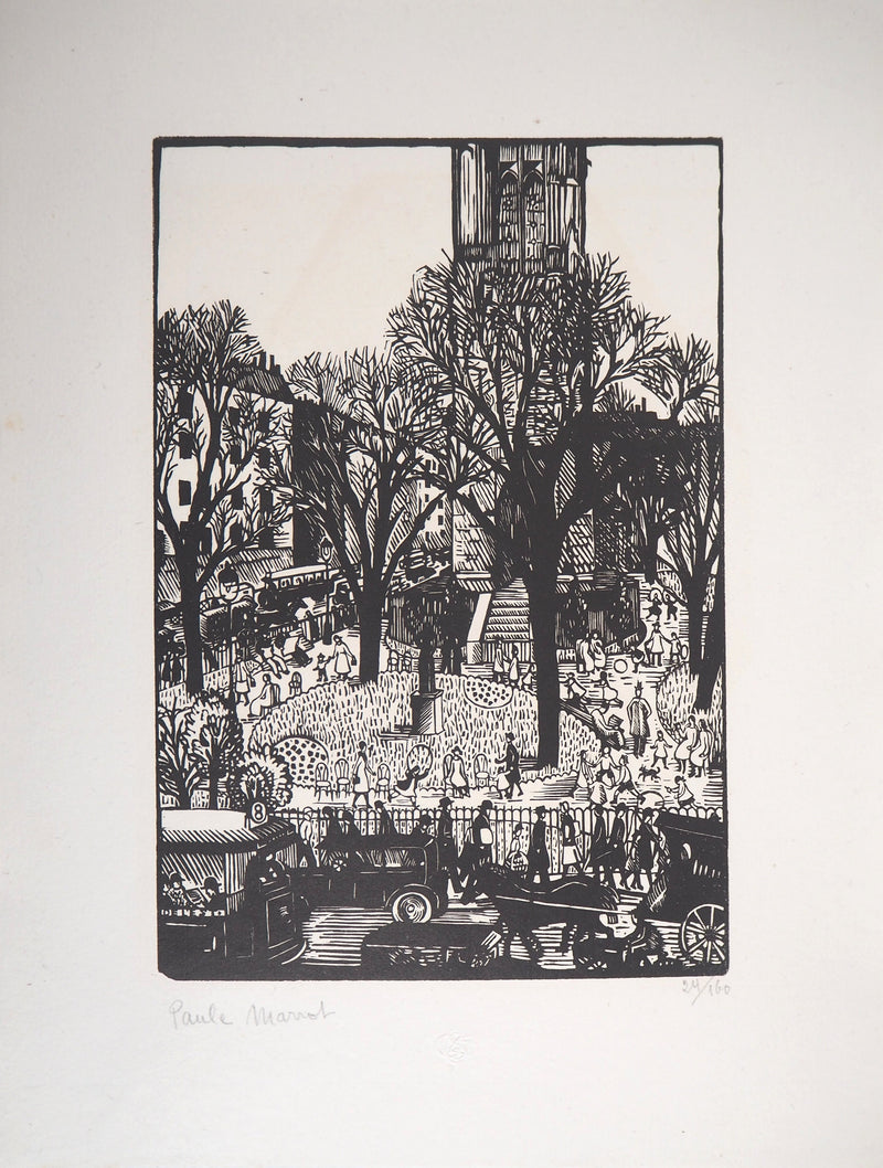 Paule MARROT : Paris, Square de la Tour St-Jacques, Gravure sur bois originale signée