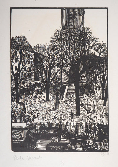 Paule MARROT : Paris, Square de la Tour St-Jacques, Gravure sur bois originale signée