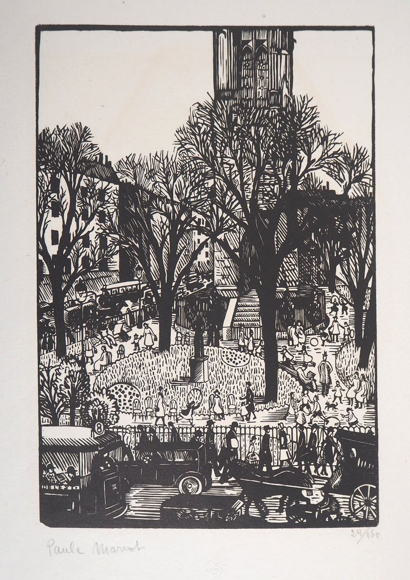 Paule MARROT : Paris, Square de la Tour St-Jacques, Gravure sur bois originale signée