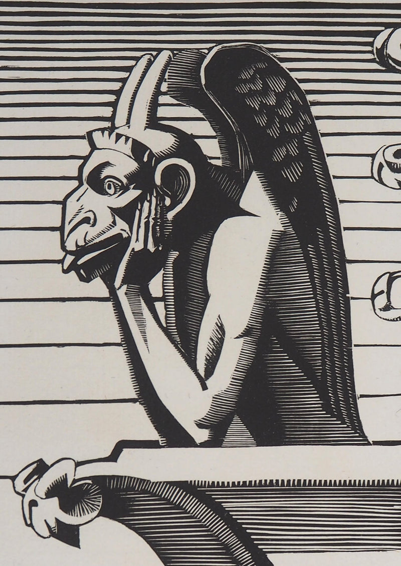 Georges LEMOINE : Le Stryge de Notre-Dame de Paris, Gravure sur bois originale signée
