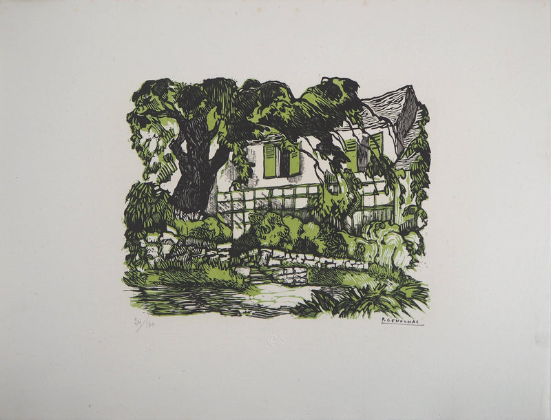 Pierre GENOLHAC : La maison de campagne, Gravure sur bois originale signée