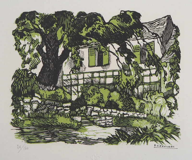 Pierre GENOLHAC : La maison de campagne, Gravure sur bois originale signée